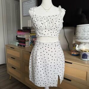 white and black crop top and skirt set